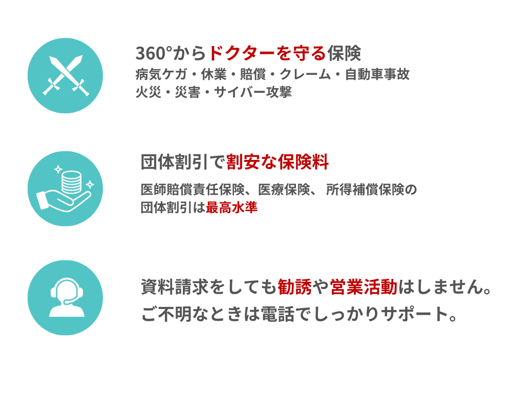 病気やケガからサイバー攻撃まであらゆる方面からドクターを守ります。割引が適用される保険もございますのでお得に備えることができます。勧誘や営業はなく、必要な時はサポートさせていただきます。